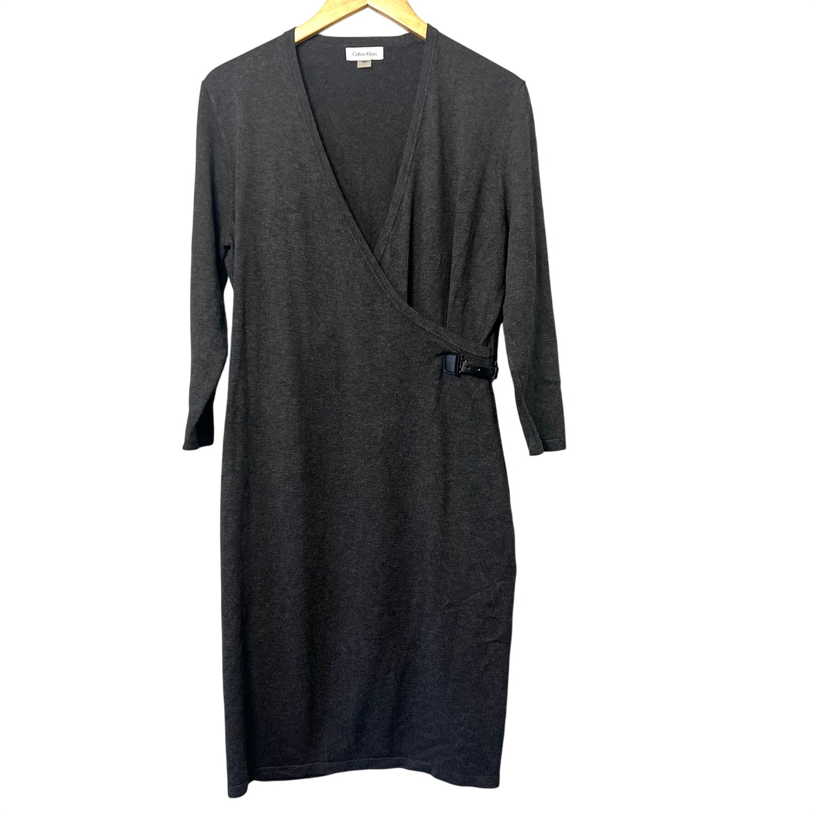 Calvin Klein Charcoal Gray Faux Wrap Sweater Dress L Professional Minimalist